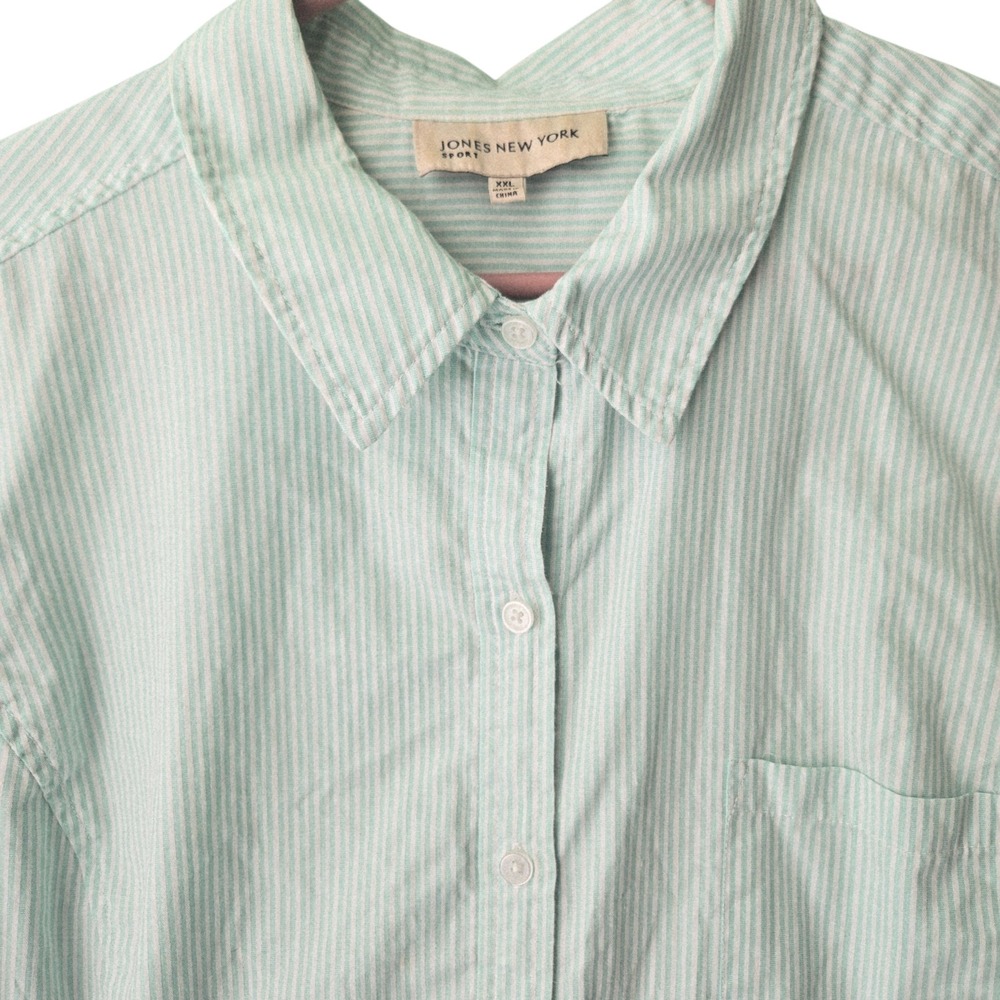 Jones New York Sport Mint Green Striped Button Down Shirt XXL Preppy Nautical